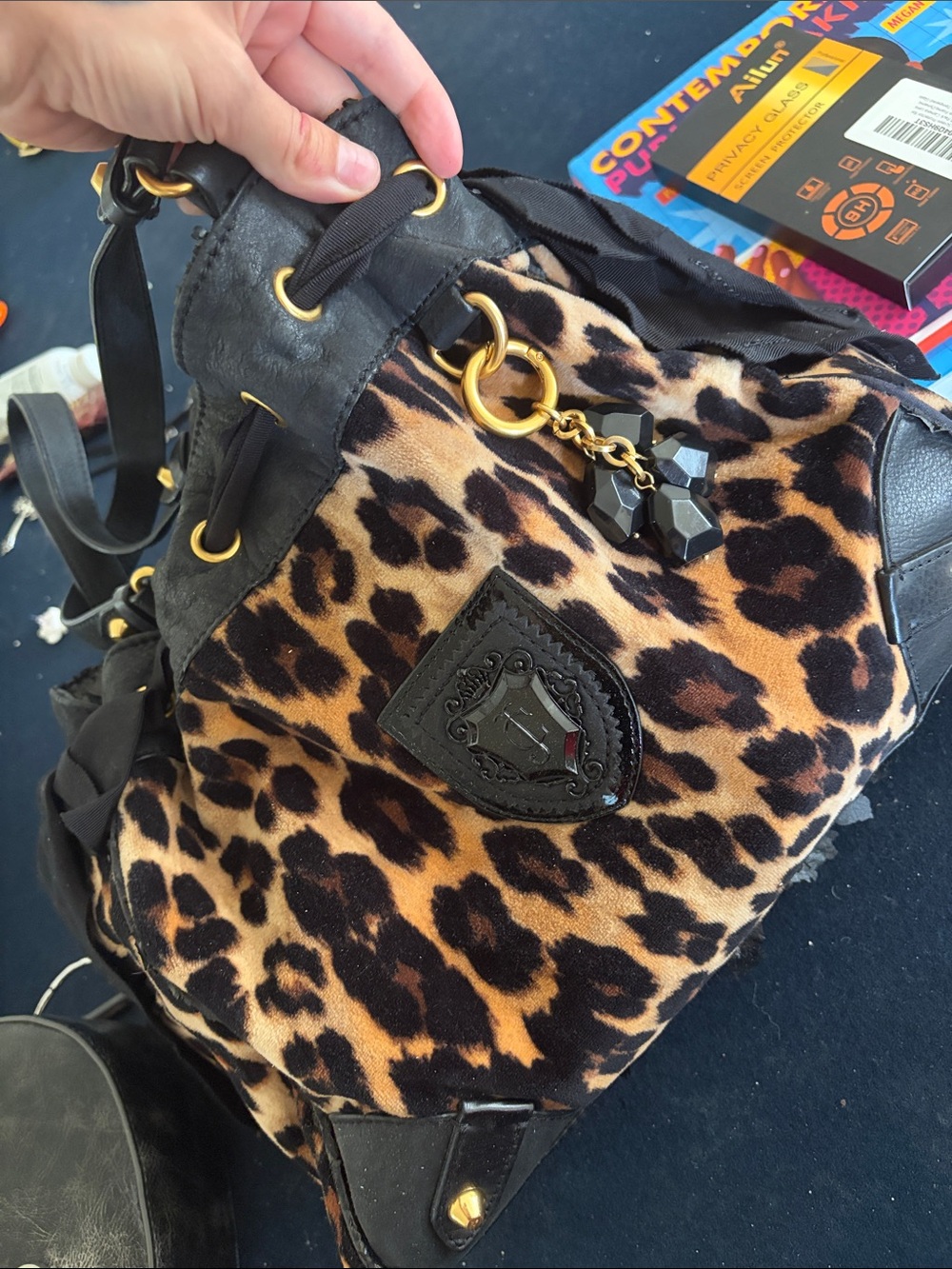 JUICY Leopard Print Drawstring Bucket Bag - Black & Brown
